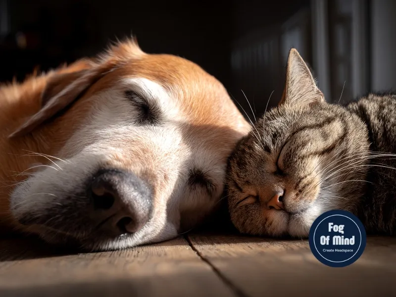 a cat and a dog asleep