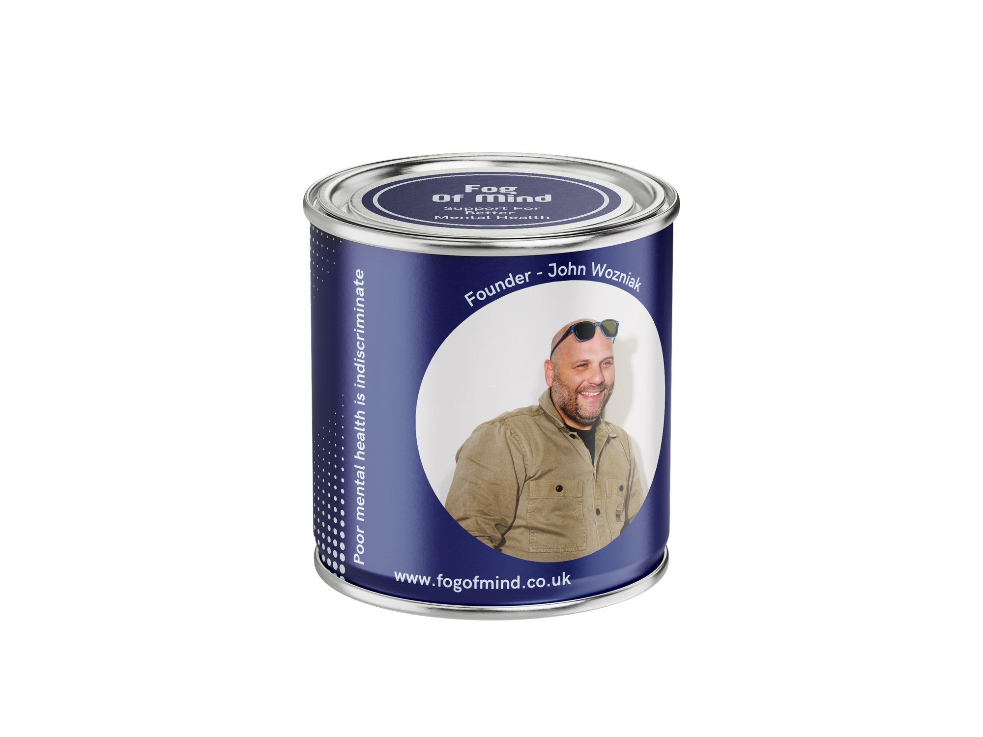 a mockup of a can of paint showing founder John Wozniak for Fog of Mind Mental Health
