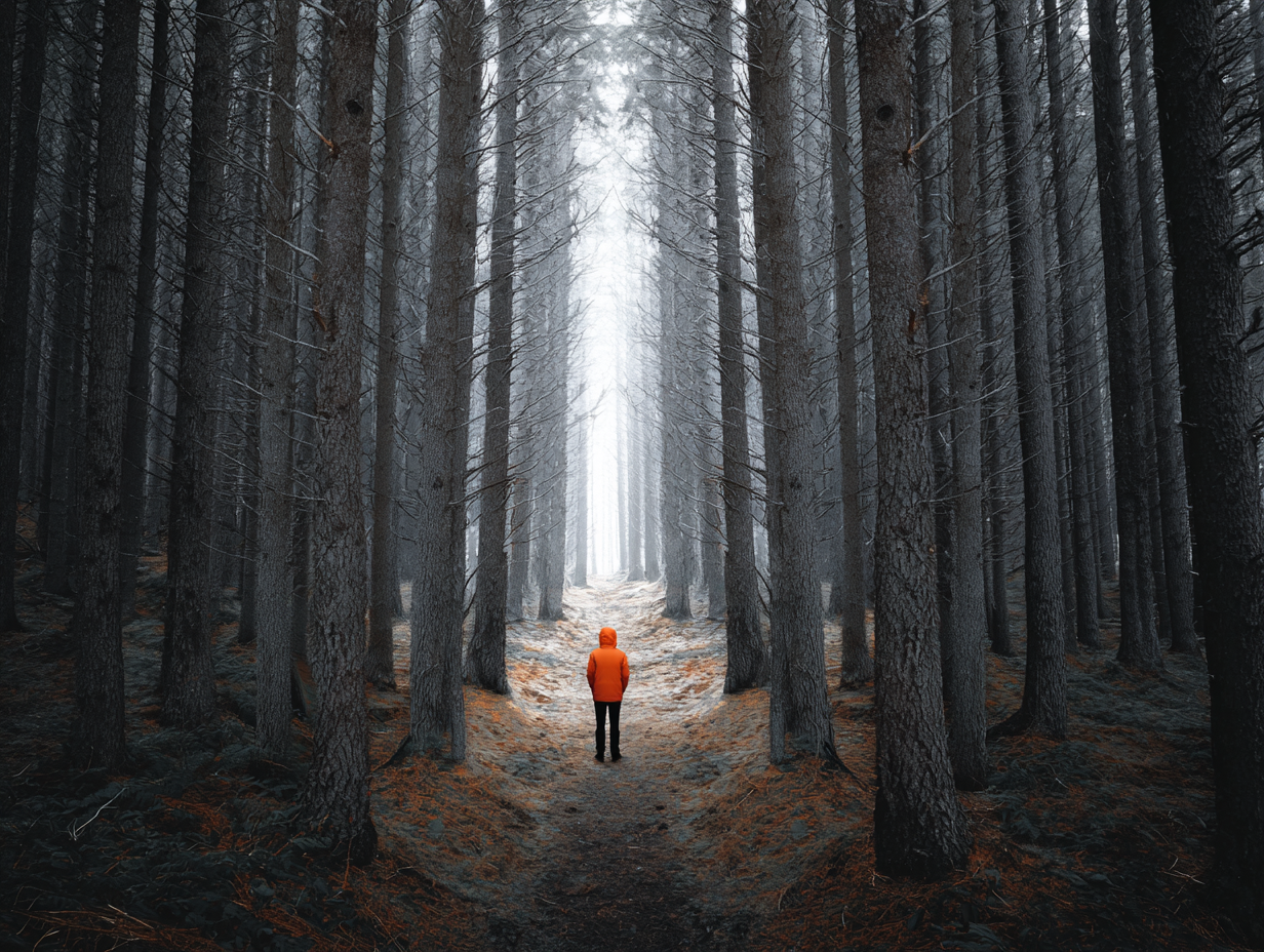 a walker lost in a thick forest