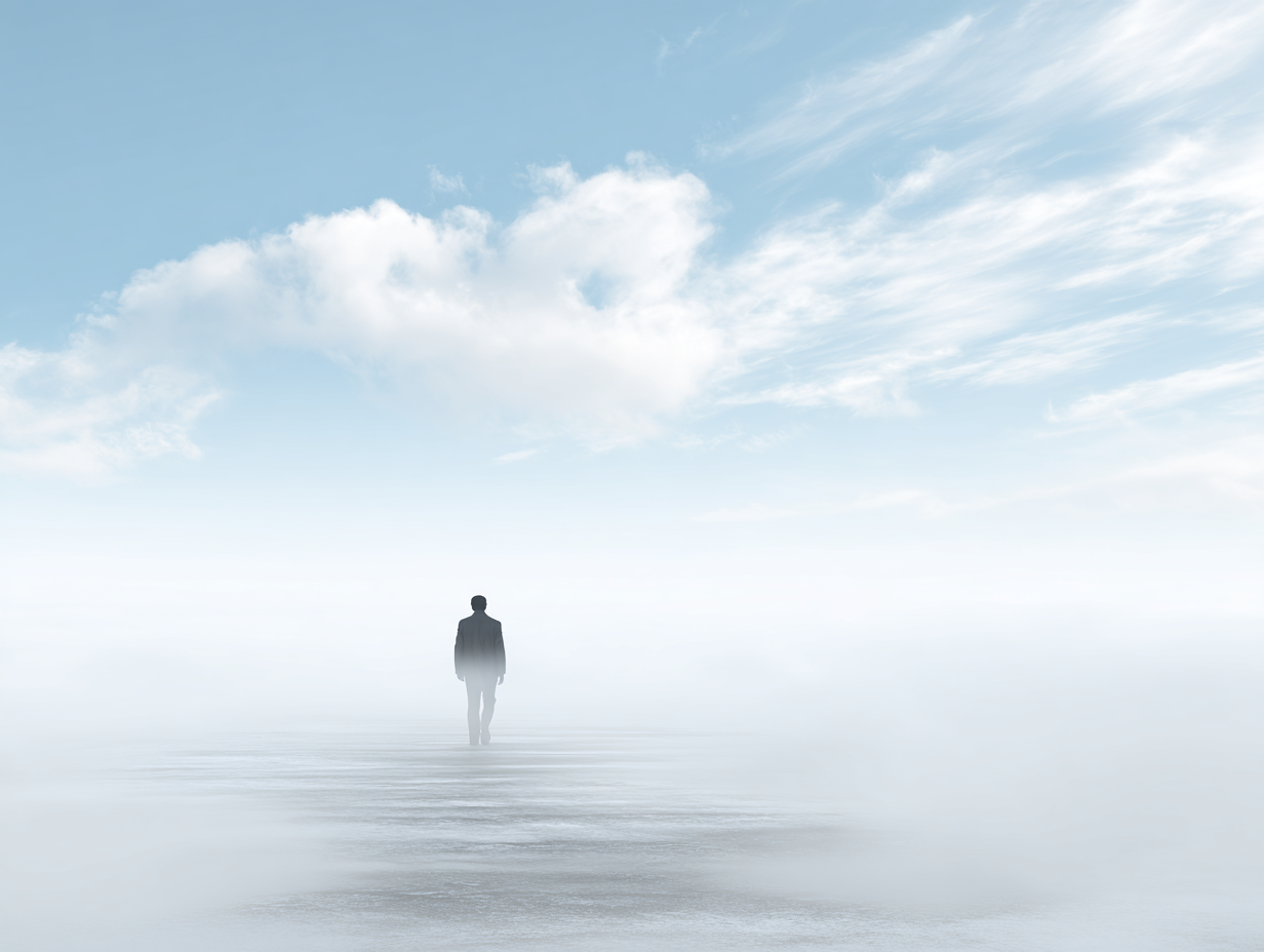 a man walking through fog